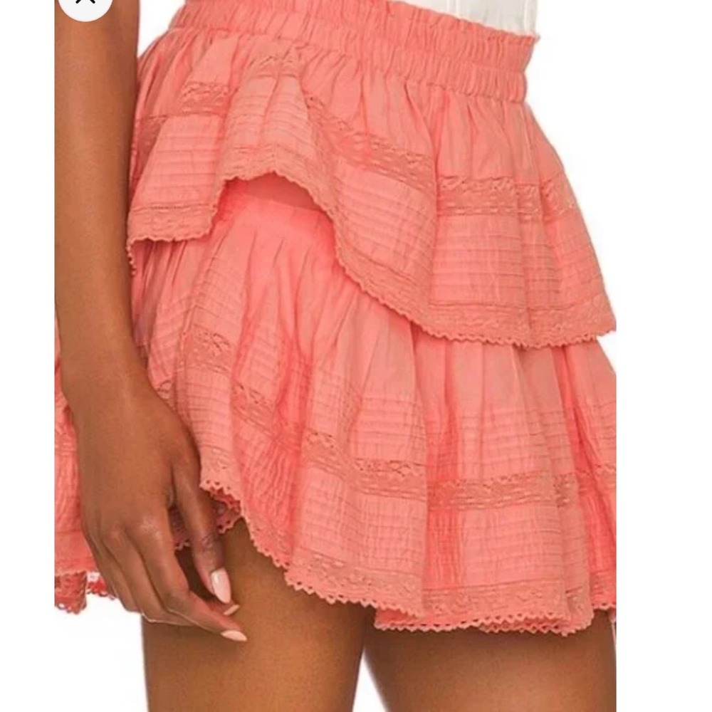 LoveShackFancy Ruffle Mini Skirt Coral Pink Tiered Lace Trim Elastic Waist Women
